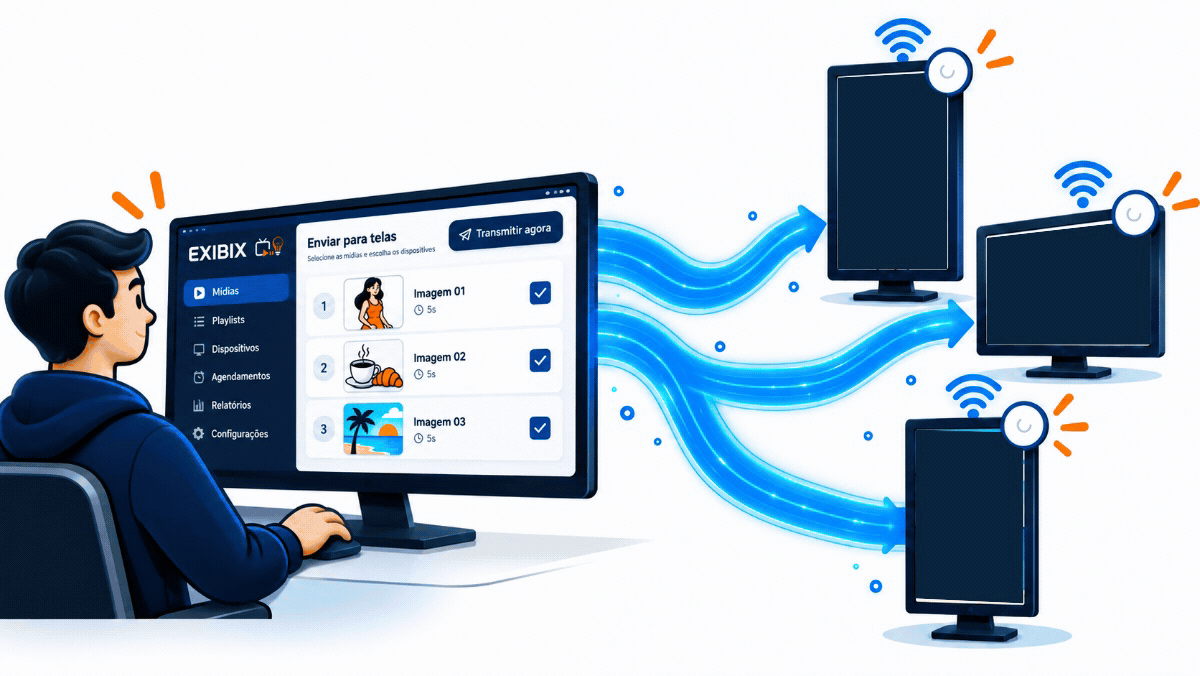 Painel Exibix sincronizando mídias entre diferentes telas
